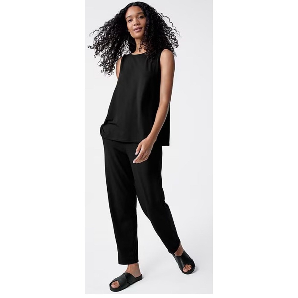 Eileen Fisher Tencel Jersey Knit Crew Neck Shell Tank Black Large Lagenlook NWOT
